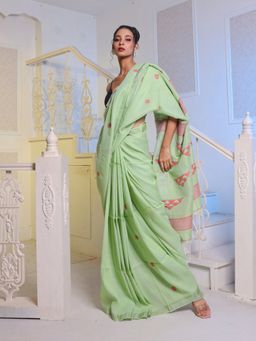 CHARUKRITI - Light Green Cotton Handwoven Soft Saree with Unstitched Blouse