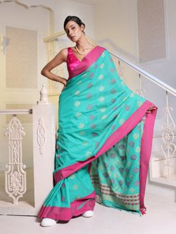 CHARUKRITI - Sea Green Cotton Soft Saree with Unstitched Blouse