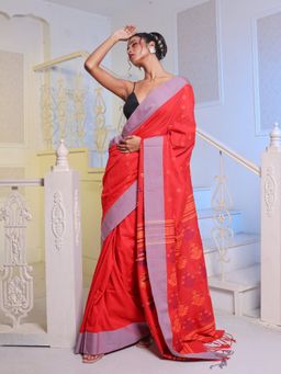 CHARUKRITI - Red Cotton Soft Saree with Unstitched Blouse