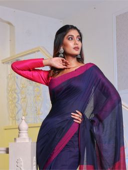 CHARUKRITI - Navy Blue Cotton Handwoven Soft Saree with Unstitched Blouse