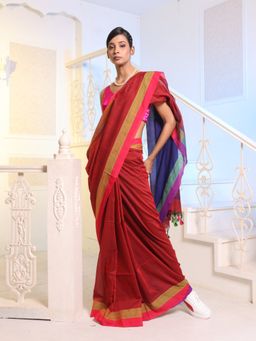 CHARUKRITI - Red Cotton Handwoven Soft Saree with Unstitched Blouse