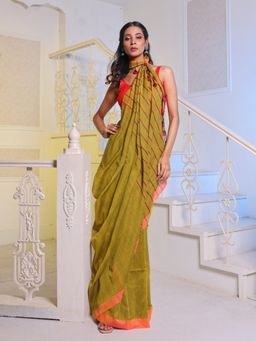 CHARUKRITI - Lime Green Cotton Handwoven Soft Saree with Unstitched Blouse