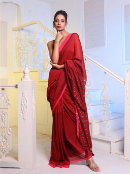 CHARUKRITI - Red Cotton Handwoven Soft Saree with Unstitched Blouse