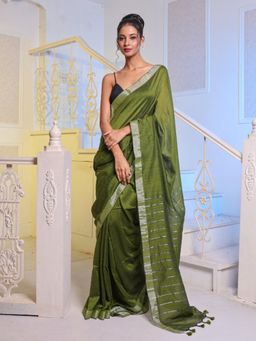 CHARUKRITI - Sap Green Cotton Handwoven Soft Saree with Unstitched Blouse