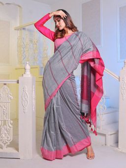 CHARUKRITI - Grey Cotton Handwoven Soft Saree with Unstitched Blouse