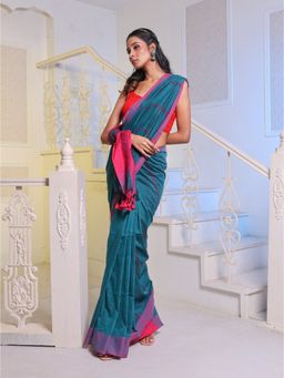 CHARUKRITI - Teal Cotton Handwoven Soft Saree with Unstitched Blouse