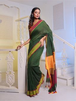CHARUKRITI - Green Cotton Handwoven Soft Saree with Unstitched Blouse
