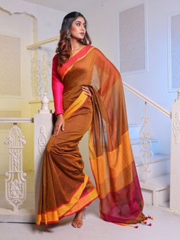 CHARUKRITI - Ochre Yellow Cotton Handwoven Soft Saree with Unstitched Blouse
