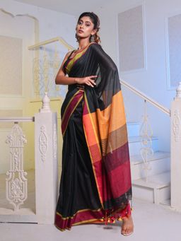 CHARUKRITI - Black Cotton Handwoven Soft Saree with Unstitched Blouse