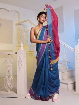 CHARUKRITI - Sapphire Blue Cotton Handwoven Soft Saree with Unstitched Blouse