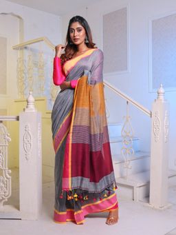 CHARUKRITI - Grey Cotton Handwoven Soft Saree with Unstitched Blouse