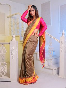 CHARUKRITI - Khaki Cotton Handwoven Soft Saree with Unstitched Blouse