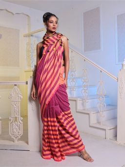 CHARUKRITI - Magenta & Peach Cotton Handwoven Soft Saree with Unstitched Blouse