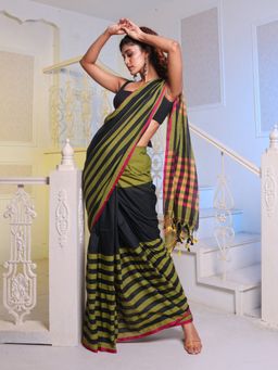 CHARUKRITI - Black & Yellow Cotton Handwoven Soft Saree with Unstitched Blouse