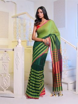 CHARUKRITI - Dark & Lime Green Cotton Handwoven Soft Saree with Unstitched Blouse