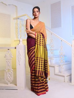 CHARUKRITI - Purple & Yellow Cotton Handwoven Soft Saree with Unstitched Blouse