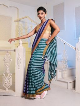 CHARUKRITI - Blue & Teal Cotton Handwoven Patli Pallu Saree with Unstitched Blouse