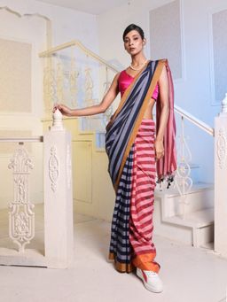 CHARUKRITI - Black & Red Cotton Handwoven Patli Pallu Saree with Unstitched Blouse