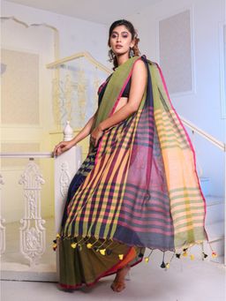 CHARUKRITI - Green & Mustard Cotton Handwoven Soft Saree with Unstitched Blouse