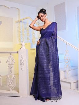 CHARUKRITI - Navy Blue Cotton Handwoven Saree with Unstitched Blouse