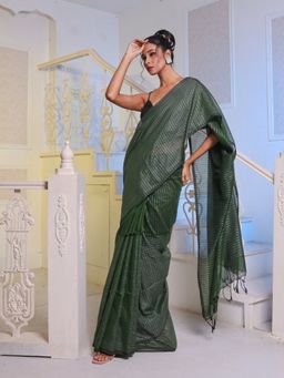 CHARUKRITI - Moss Green Cotton Handwoven Saree with Unstitched Blouse