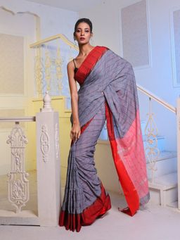 CHARUKRITI - Grey Cotton Soft Saree with Unstitched Blouse