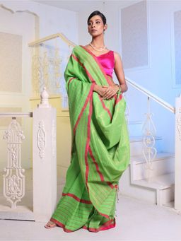 CHARUKRITI - Parrot Green Cotton Handwoven Soft Saree with Unstitched Blouse