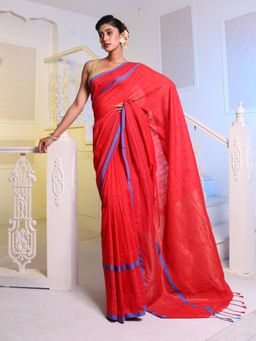 CHARUKRITI - Red Cotton Handwoven Soft Saree with Unstitched Blouse