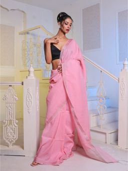 CHARUKRITI - Baby Pink Linen Handwoven Saree with Unstitched Blouse