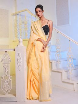 CHARUKRITI - Banana Yellow Linen Handwoven Saree with Unstitched Blouse