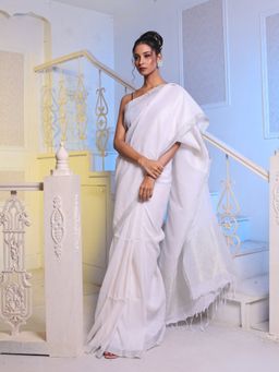 CHARUKRITI - White Linen Handwoven Saree with Unstitched Blouse
