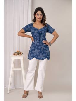 KAPLY - Blue Bandhani Print Cotton 2-Piece Tunic Top with Cropped Shrug