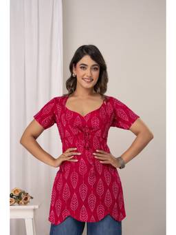 KAPLY - Pink Bandhani Leaf Print Cotton 2-Piece Tunic Top with Cropped Shrug
