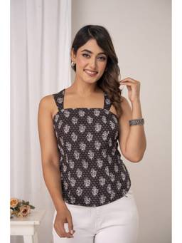 KAPLY - Black Floral Block Print Cotton Square Neck Top