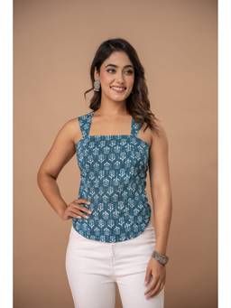 KAPLY - Teal Floral Block Print Cotton Square Neck Corset Top