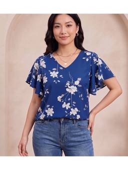 KAPLY - Women Blue Floral Print V-Neck Flutter Sleeve Regular Top