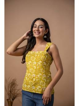 KAPLY - Yellow Floral Block Print Cotton Square Neck Top
