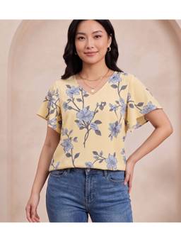 KAPLY - Women Cream Floral Print V-Neck Flutter Sleeve Regular Top