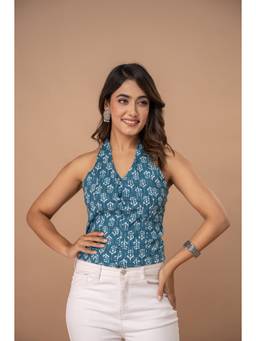 KAPLY - Teal Hand Block Print Cotton Halter Neck Top