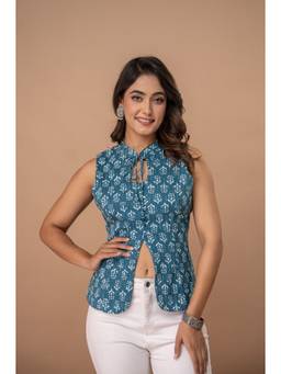 KAPLY - Teal Floral Block Print Cotton Sleeveless Mandarin Collar Top