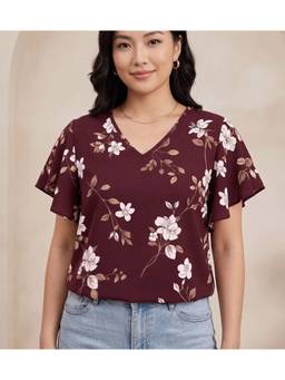 KAPLY - Women Maroon Floral Print V-Neck Flutter Sleeve Regular Top