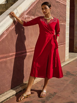 Okhai - Atapa Hand Embroidered Pure Cotton Wrap Dress