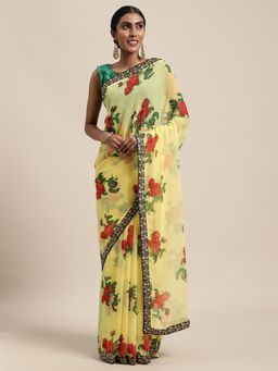 Vastranand - Yellow & Red Floral Sequinned Saree with Unstitched Blouse