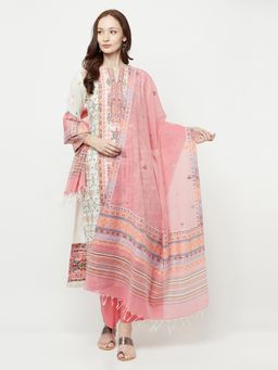 Safaa - Women Cotton White-Peach Woven Unstitched Dress Material with Contrast Dupatta (Set of 3)