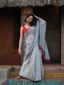 Suta - Grey Solid Sheer Modal Saree With Tassled Pallu and Without Blouse