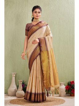 Anjaneya Sarees - Beige Checks Designer Cotton Silk Kanjivaram Saree with Unstitched Blouse