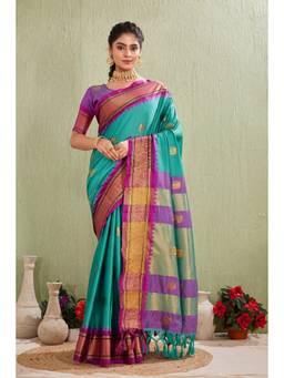 Anjaneya Sarees - Teal Woven Designer Cotton Silk Kanjivaram Saree with Unstitched Blouse