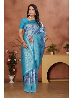 Anjaneya Sarees - Teal Floral Designer Banarasi Silk Kanjivaram Saree with Unstitched Blouse