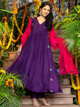 HOUSE OF JAMOTI - Purple Embroidered Anarkali Kurta with Pant and Dupatta (Set of 3)