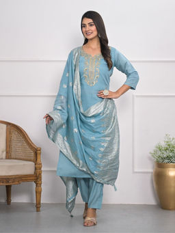 Odette - Blue Embroidered Kurta with Pant and Dupatta (Set of 3)